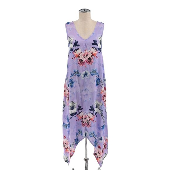 TOLANI‎ Dress Womens Size XS Purple Floral Wide Strap Vneck Asymmetric Midi NEW - Picture 1 of 12